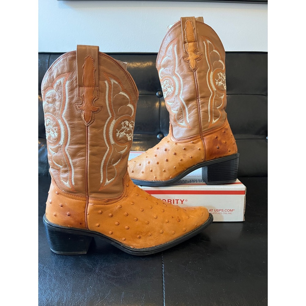 Rebelde Women Tan Full Quill Ostrich Print Western Cowboy Boots